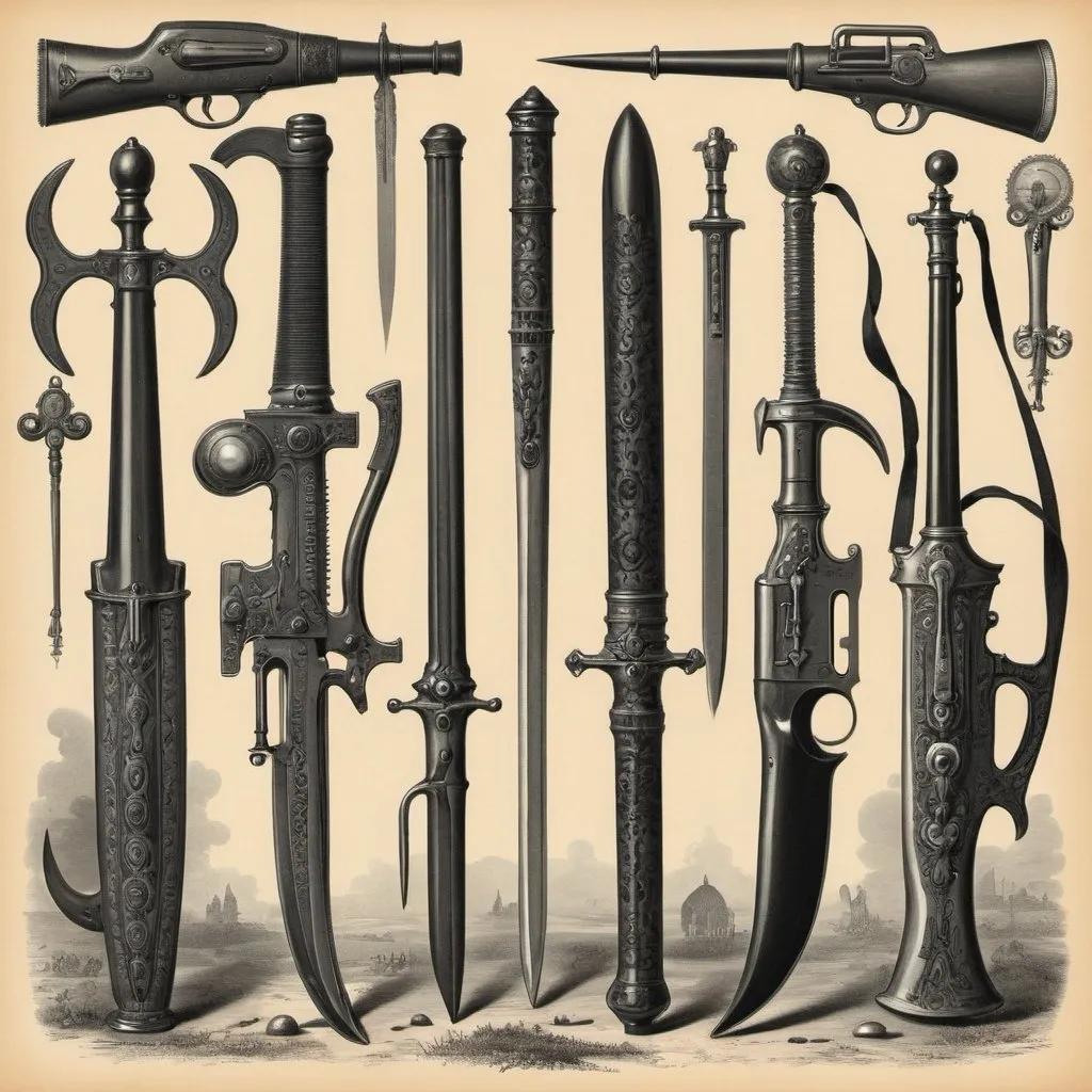 Surreal Victorian illustration of different weapons