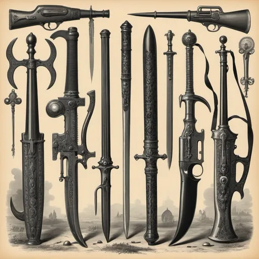 Prompt: Surreal Victorian illustration of different weapons