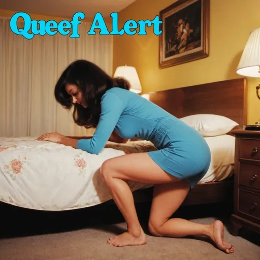 Prompt: Album cover called “Queef Alert”. Woman bending over in bedroom.  1970s style. 