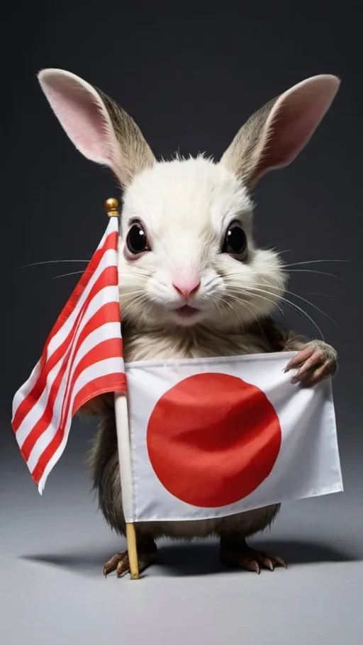 Prompt: Weird animal holding Japanese flag