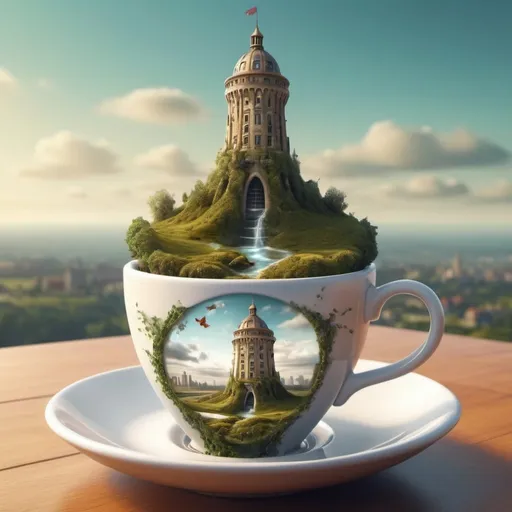 Prompt: Fantasy tower in cup of tea. Surrealism. Photorealistic.HDR. UHD. 8K 