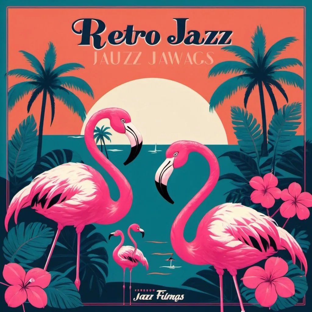 Prompt: Retro jazz album cover with flamingos 