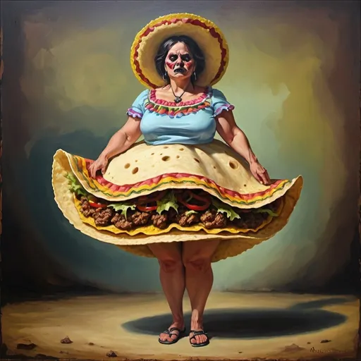 Prompt: Grotesque taco woman. Full length. Full body. Oil painting