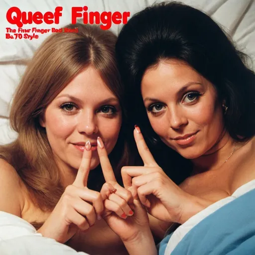 Prompt: Album cover called “Queef Finger”. Two pretty women in bed. 1970s style  