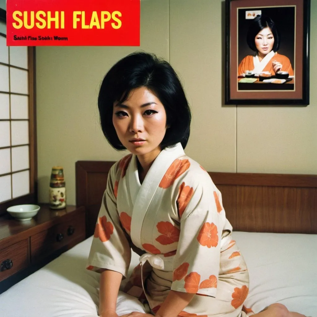 Prompt: Album cover called “Sushi Flaps”. Japanese Woman in bedroom.  1970s style. 