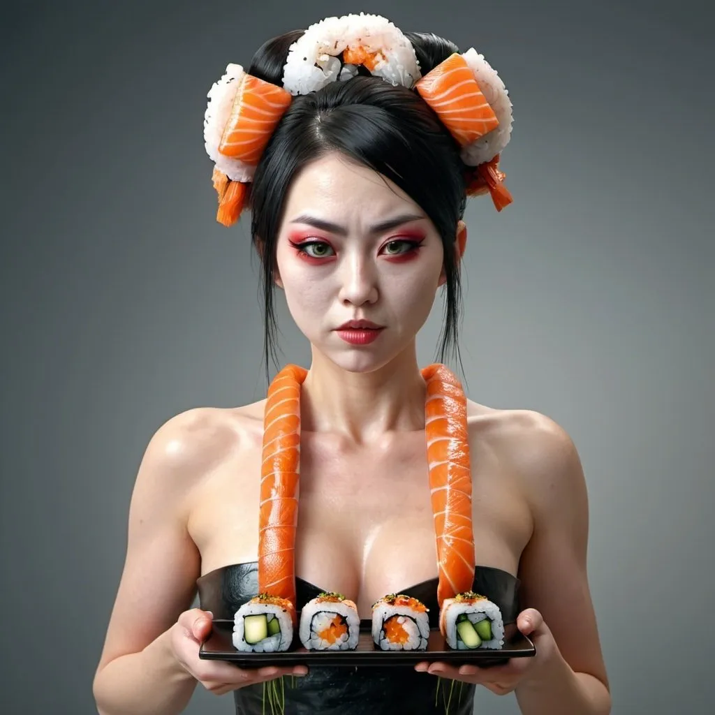 Prompt: Grotesque sushi woman. HDR. UHD. 8K. Photorealistic. Full length. Full body. 