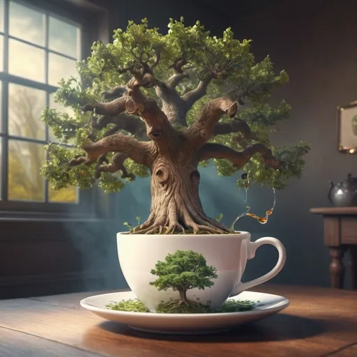 Prompt: Surreal fantasy oak tree in cup of tea. Surrealism. UHD. 8K. HDR. photorealistic 