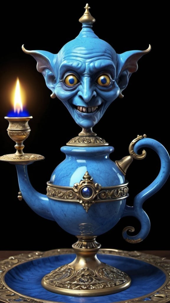 Prompt: Grotesque blue genii with magic lamp. UHD. 