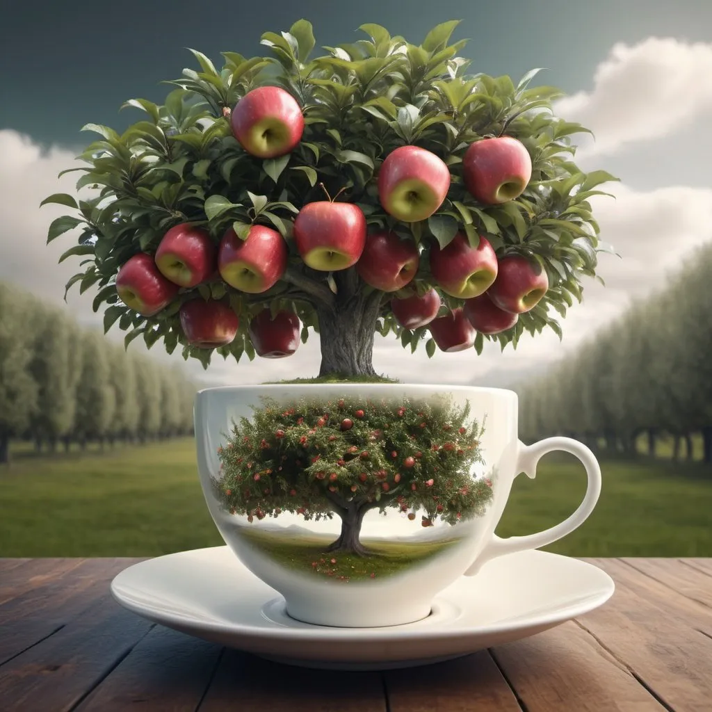 Prompt: Surreal fantasy Apple tree in tea cup. UHD. HDR. 8K. Photorealistic. Surrealism 