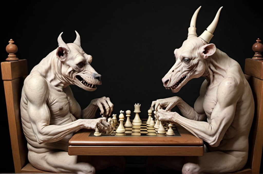 Prompt: Grotesque animals playing chesz