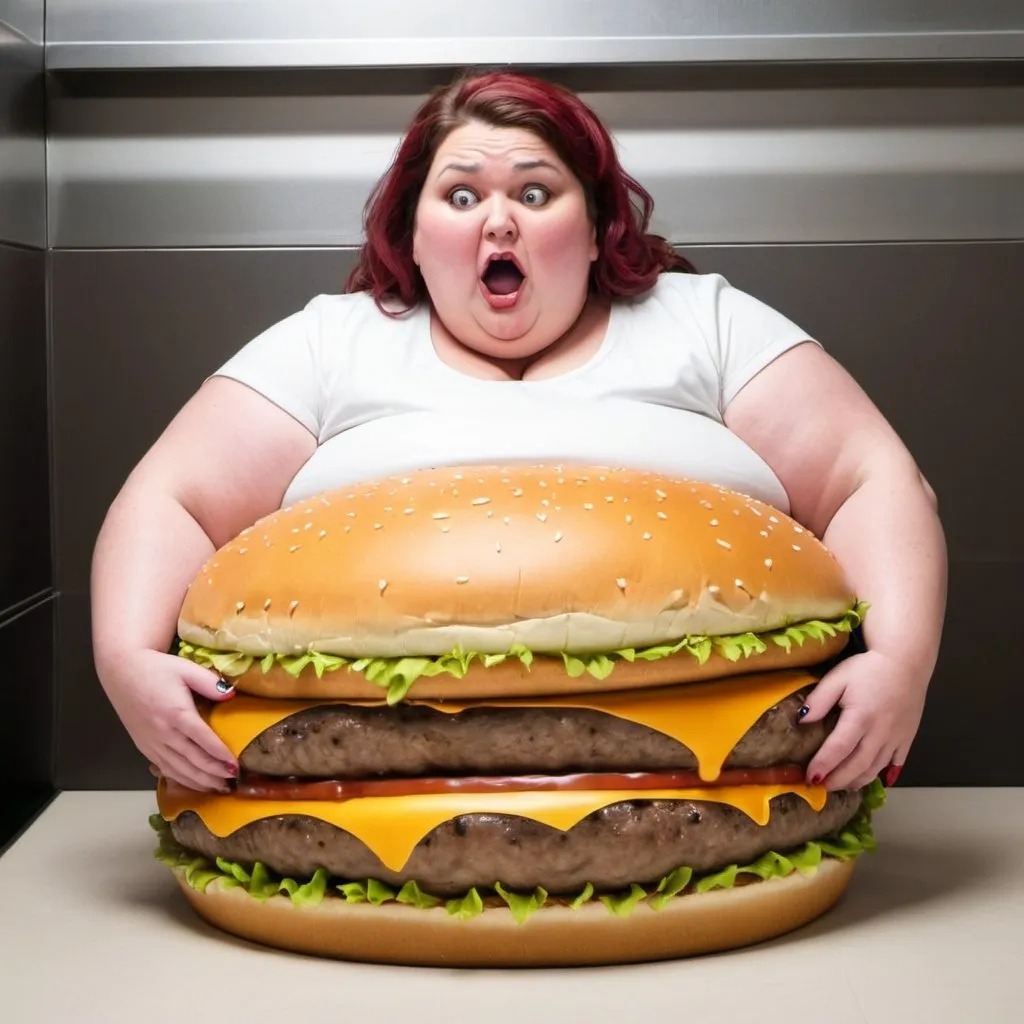 Prompt: Fat woman stuck in burger