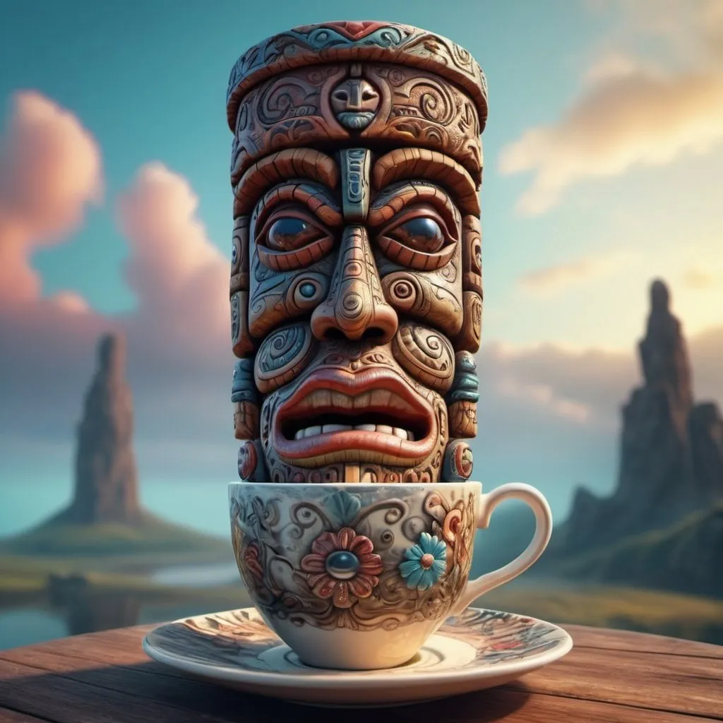 Prompt: Surreal fantasy totem pole in cup of tea. Surrealism. UHD. 8K. HDR. photorealistic 