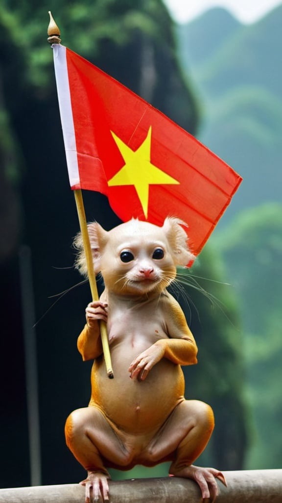 Prompt: Weird animal holding Vietnamese flag