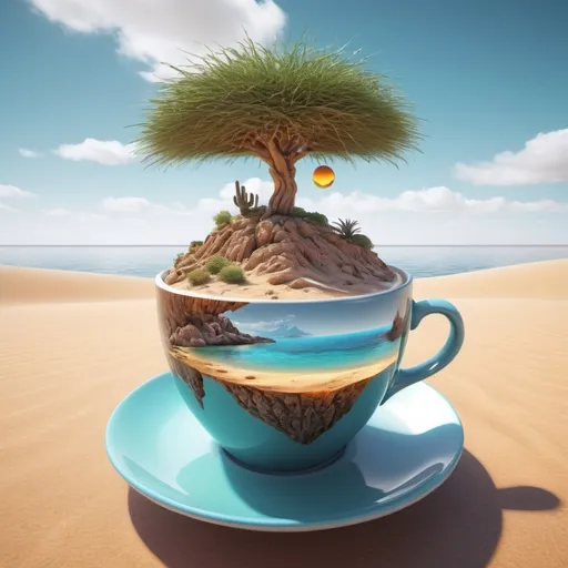 Prompt: Surreal fantasy. Desert island in cup of tea. Surrealism. UHD. 8K. HDR. photorealistic 