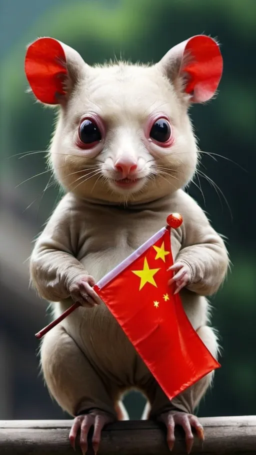 Prompt: Weird animal holding Chinese flag