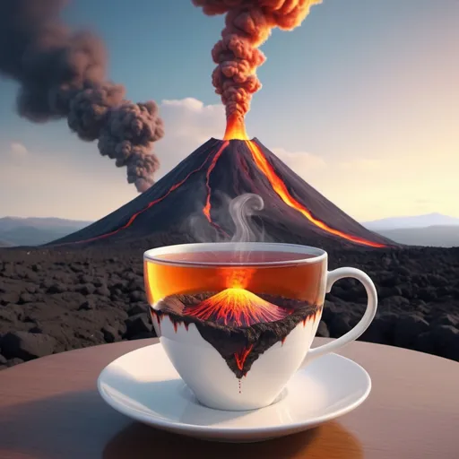 Prompt: Surreal fantasy. Volcano in cup of tea. Surrealism. UHD. 8K. HDR. photorealistic 
