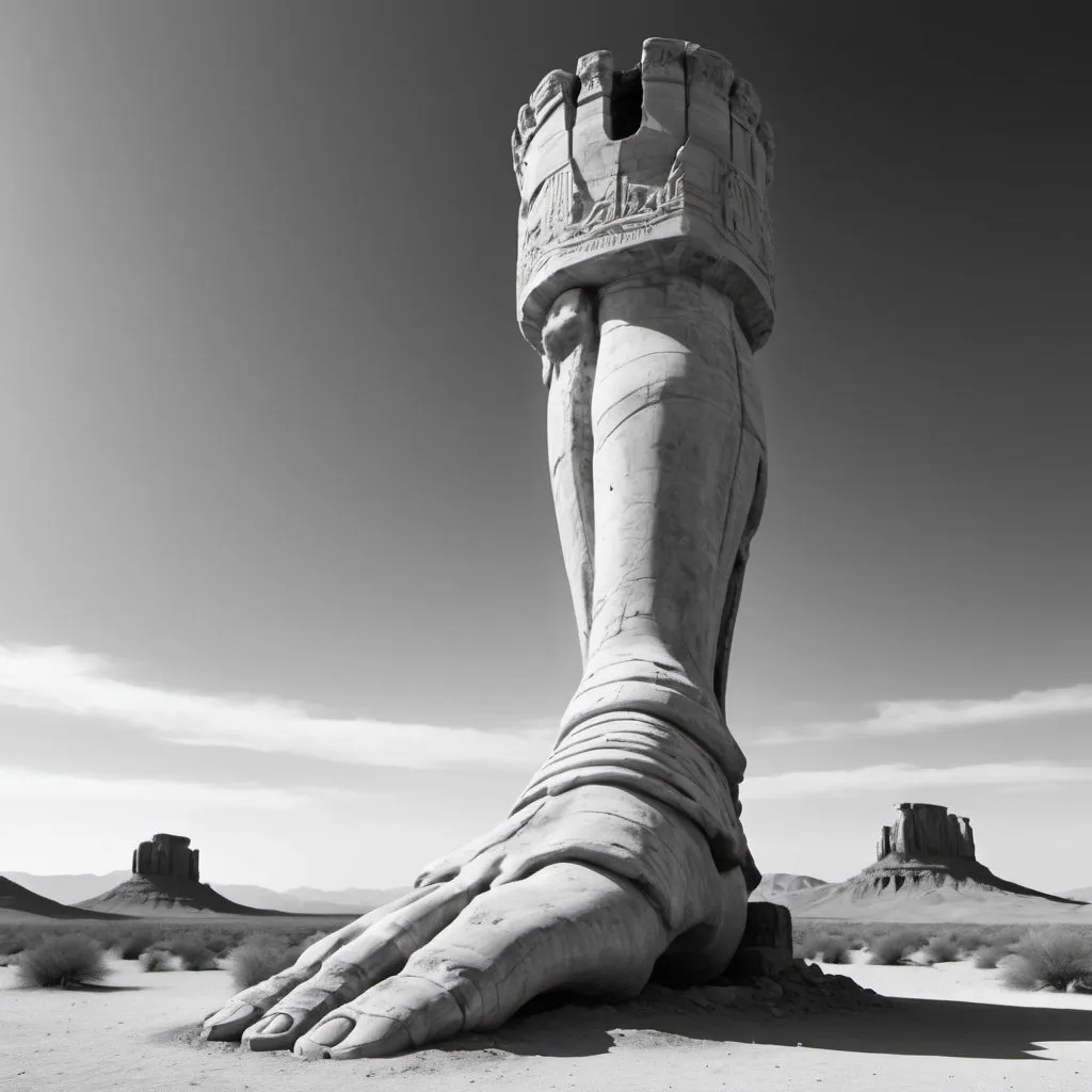 Prompt: Giant ancient statue of a leg. In desert. UHD. HDR. 8K. Photorealistic. Black and white. 