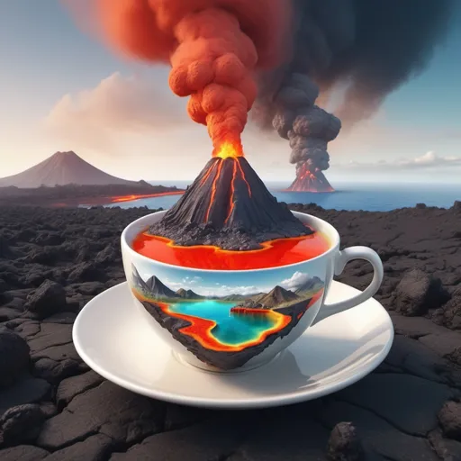 Prompt: Surreal fantasy Volcanic island in cup of tea. Surrealism. UHD. 8K. HDR. photorealistic 