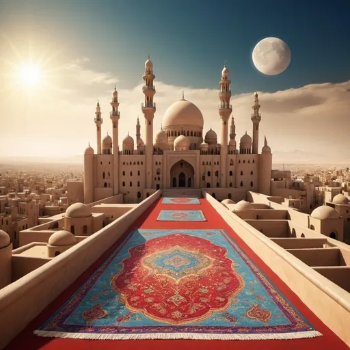 Prompt: Surreal Genii. Magic carpet. Arabian city