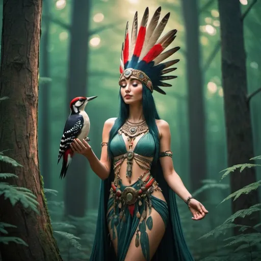 Prompt: Woodpecker goddess is forest 