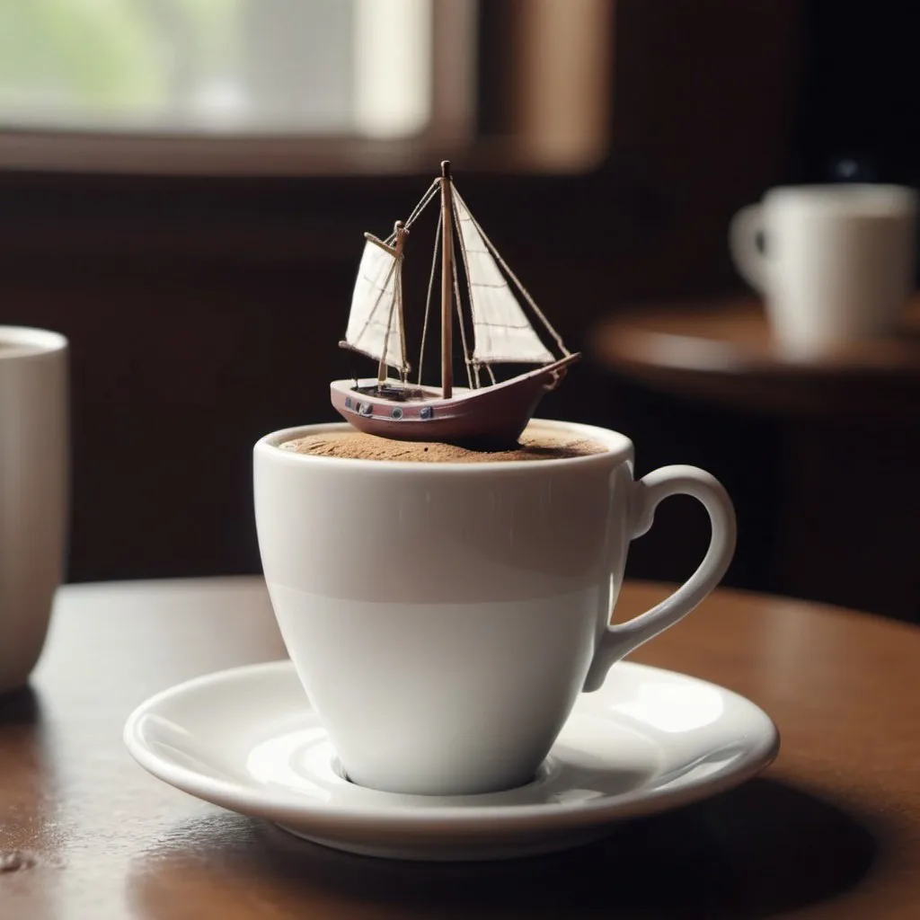 Prompt: Tiny ship in cup of coffee. UHD. 