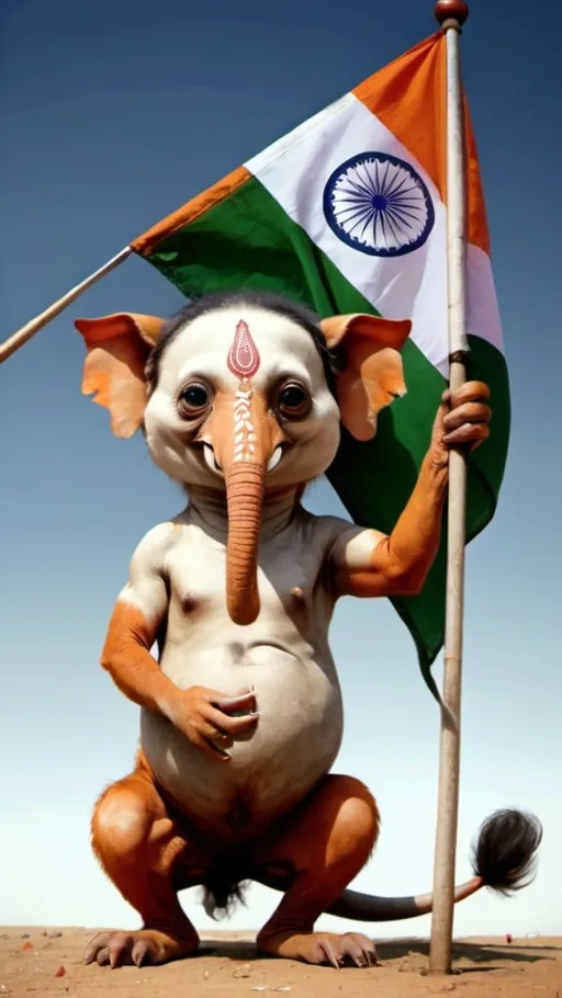 Prompt: Weird animal holding Indian flag