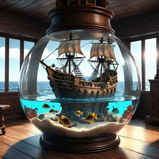 Prompt: Pirate ships battle inside fish bowl. UHD. HDR. 8K. Photorealistic. Professional photography. 