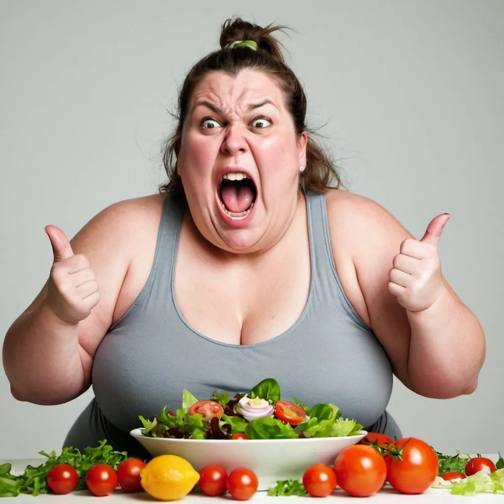 Prompt: Fat woman shouting at salad