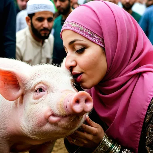 Prompt: Muslim woman kissing pig