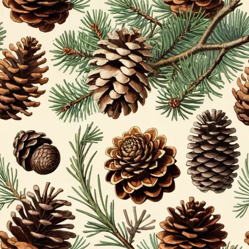 Prompt: Victorian botanical illustration of different pine cones