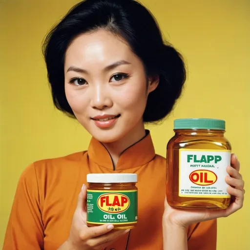 Prompt: Advert for “Flap Oil”. Pretty Asian woman holding jar. 1970s style