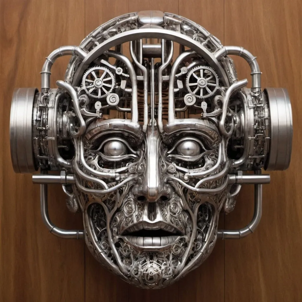 Prompt: Surreal machine. Silver. Wood. Complex.