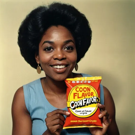 Prompt: Black woman holding packet of “Coon Flavor” crisps. 1970s style.  