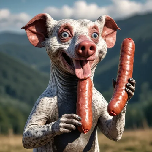 Prompt: Weird animal holding sausage. HDR. 8k. Photorealistic 