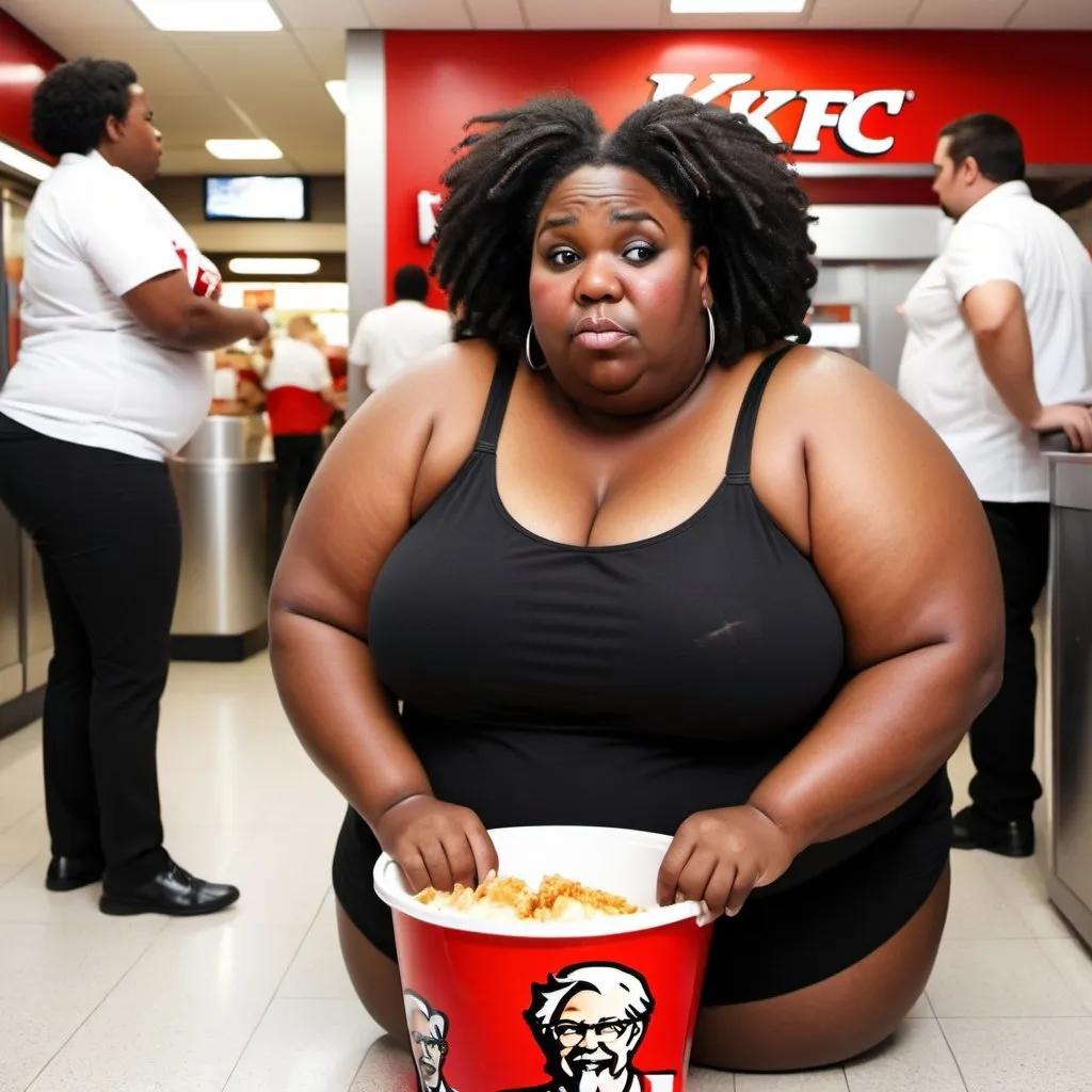 Prompt: Fat black woman stuck in KFC bucket 