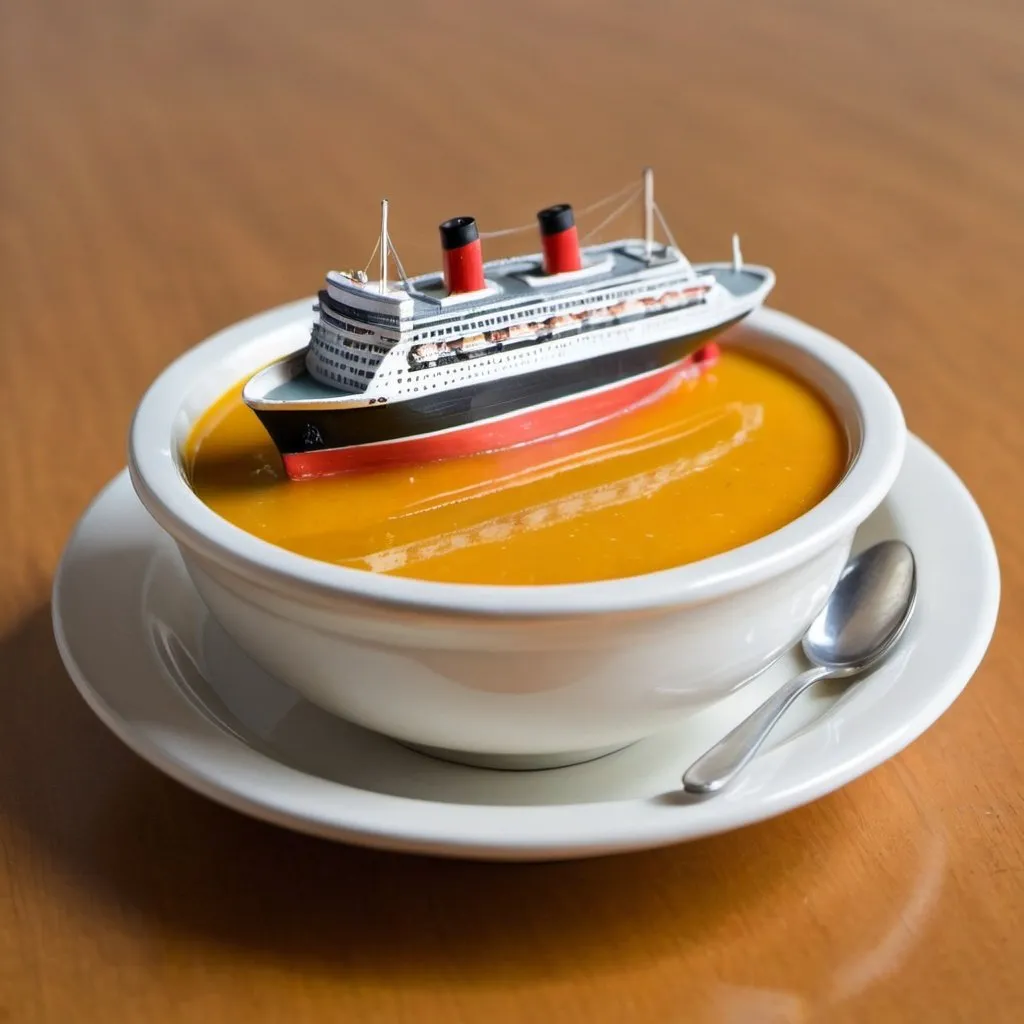 Prompt: Mini ocean liner in bowl of soup 