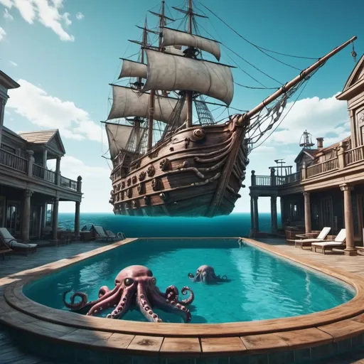 Prompt: Surreal swimming pool. Kraken attacks pirate galleon. Surrealism. UHD. 8K. HDR. photorealistic 