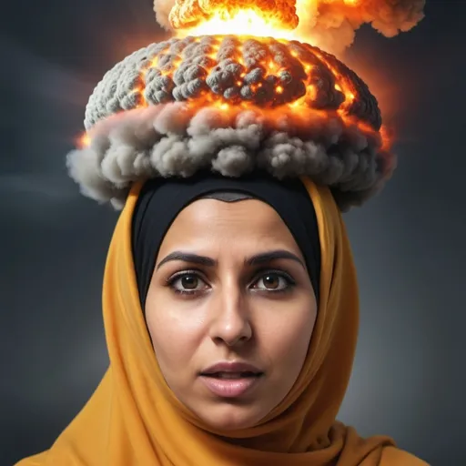 Prompt: MuslimWoman with nuclear explosion coming out of her head. UHD. HDR 8K. Photorealistic. Super detailed. Professional photography 