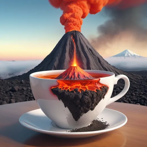 Prompt: Surreal fantasy Volcano in cup of tea. Surrealism. UHD. 8K. HDR. photorealistic 