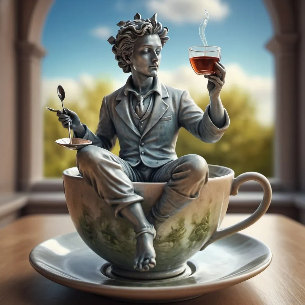 Prompt: Fantasy statue in cup of tea. Surrealism. Photorealistic.HDR. UHD. 8K 