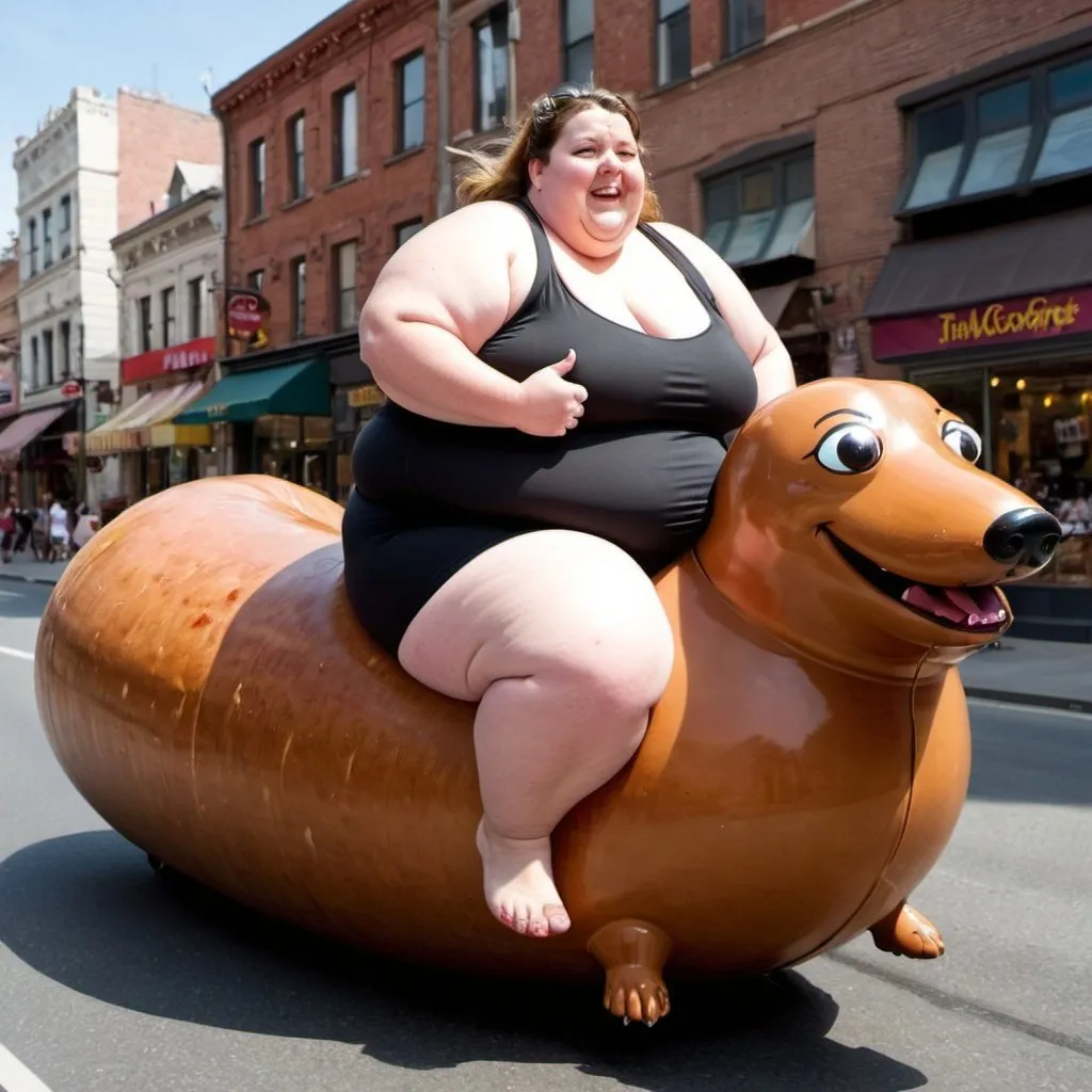 Prompt: Fat woman rides on giant sausage