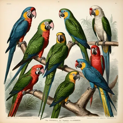 Prompt: Victorian zoological illustration of different parrots