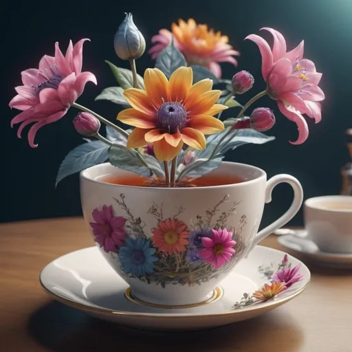 Prompt: Surreal fantasy flowers in cup of tea. Surrealism. UHD. 8K. HDR. photorealistic 