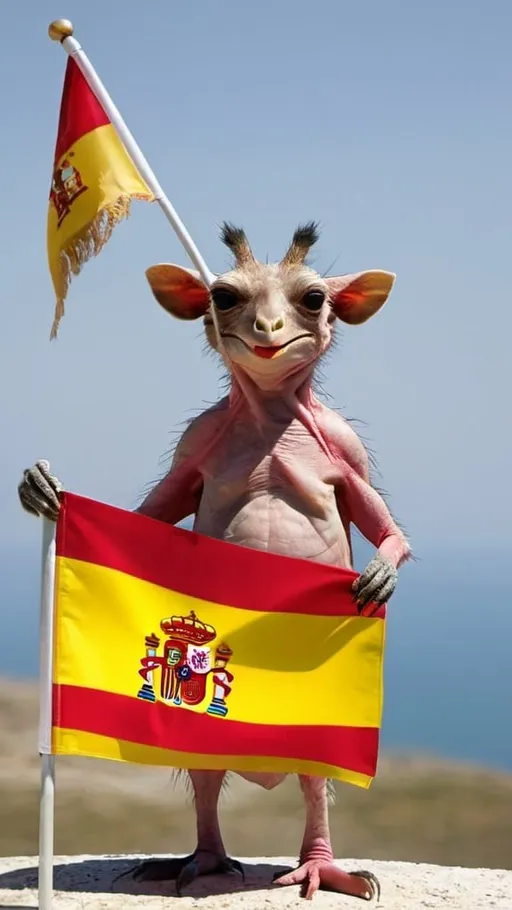 Prompt: Weird animal holding Spanish flag