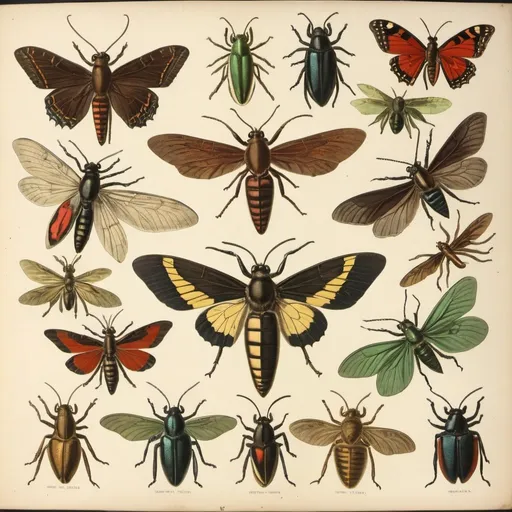 Prompt: Victorian zoological illustration of different insects