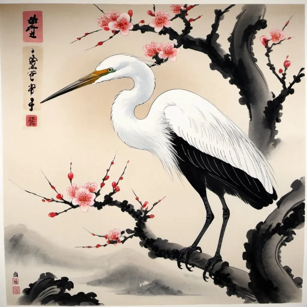 Prompt: Plum blossom and egret. Japanese ink painting 