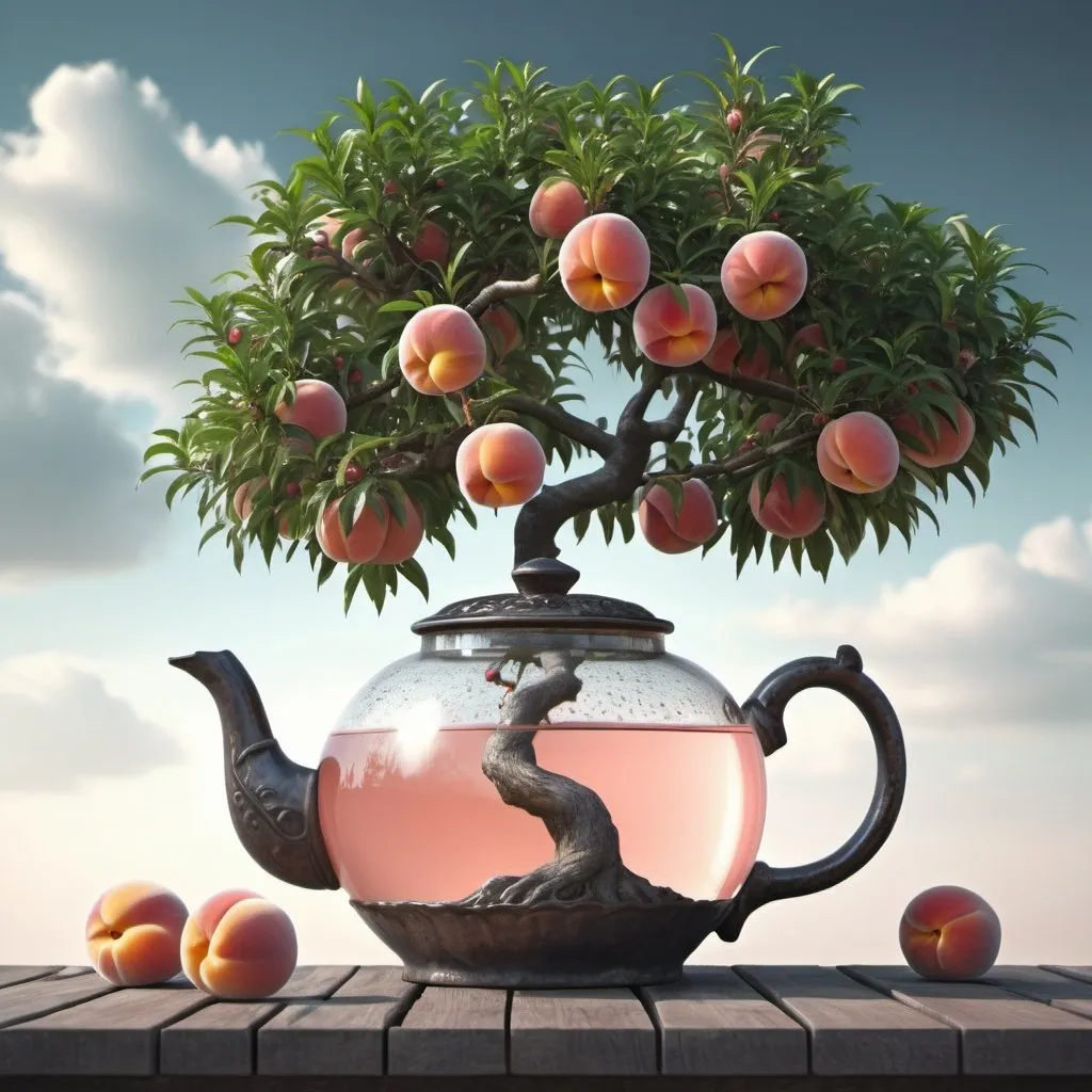 Prompt: Surreal fantasy peach tree in teapot. UHD. HDR. 8K. Photorealistic. Surrealism 