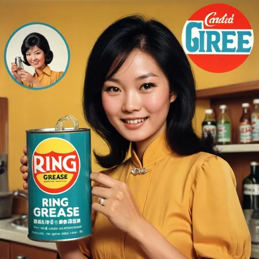 Prompt: Advert for “Ring Grease”. Pretty Asian woman holding can. 1970s style 