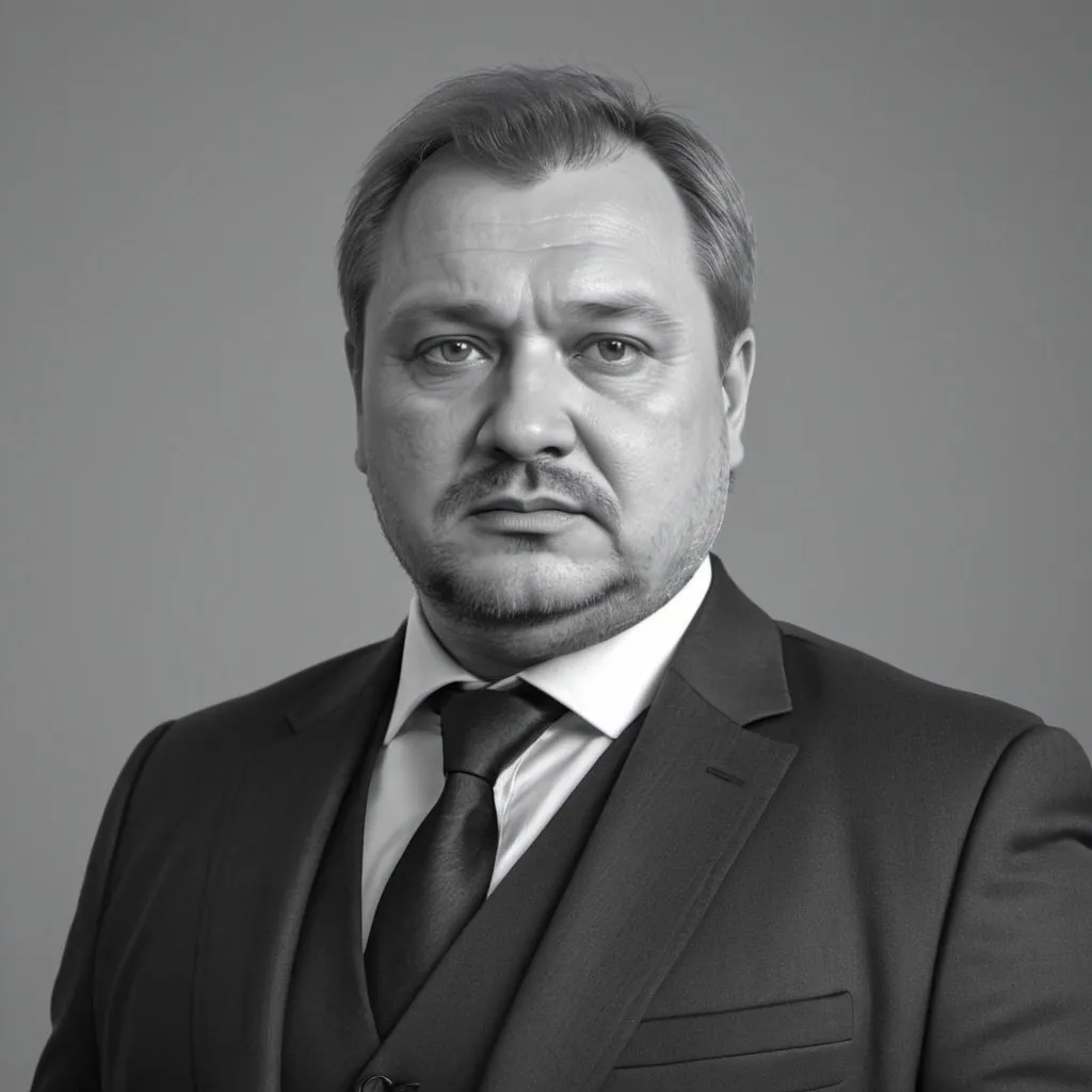 Prompt: Chubby middle aged Russian man in suit. Portrait. UHD. HDR 8K. Photorealistic. Black and white. 