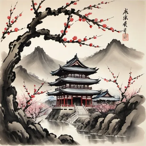 Prompt: Plum blossom and temple. Japanese ink painting 